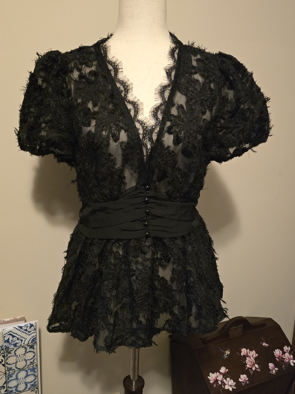 SHEIN Black Lace V-Neck Peplum Blouse with Buttoned Waist Sash Sz XL